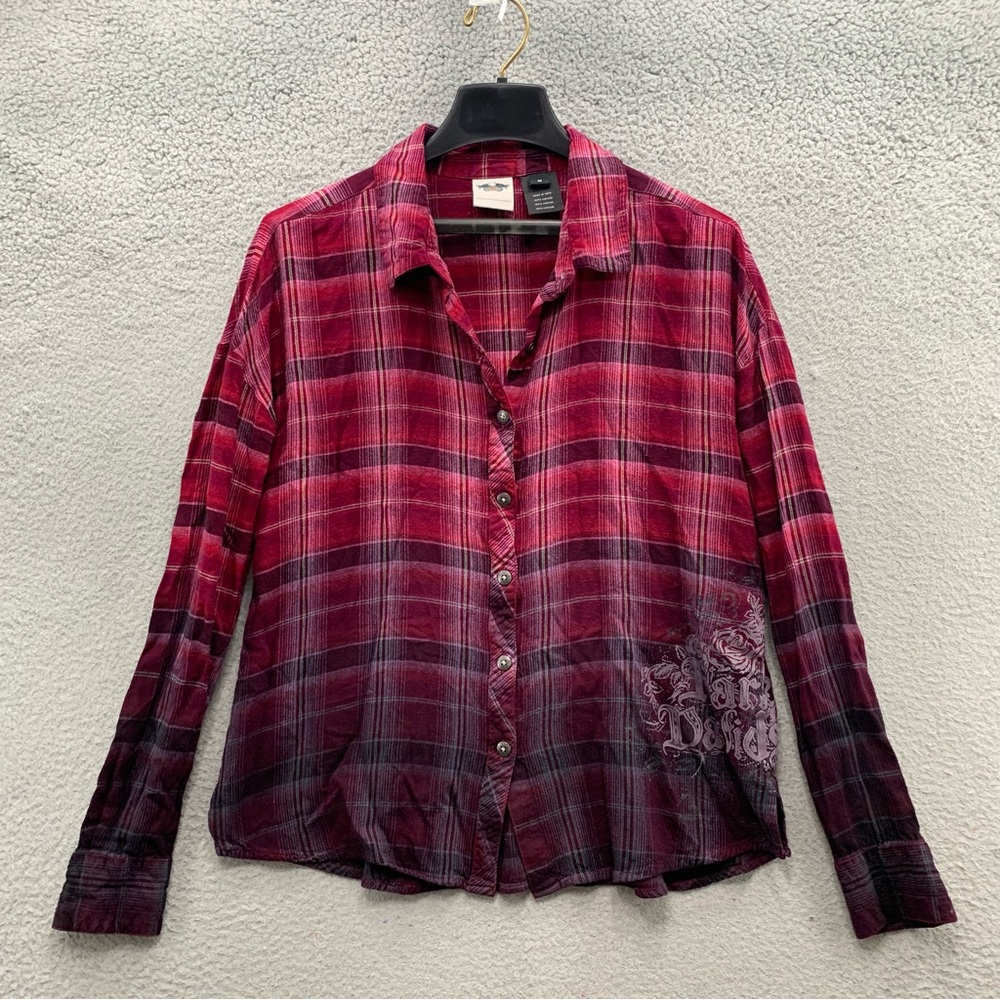 Harley Davidson Women’s Ombre Plaid Pink Purple Button Up M Shirt Top Size M